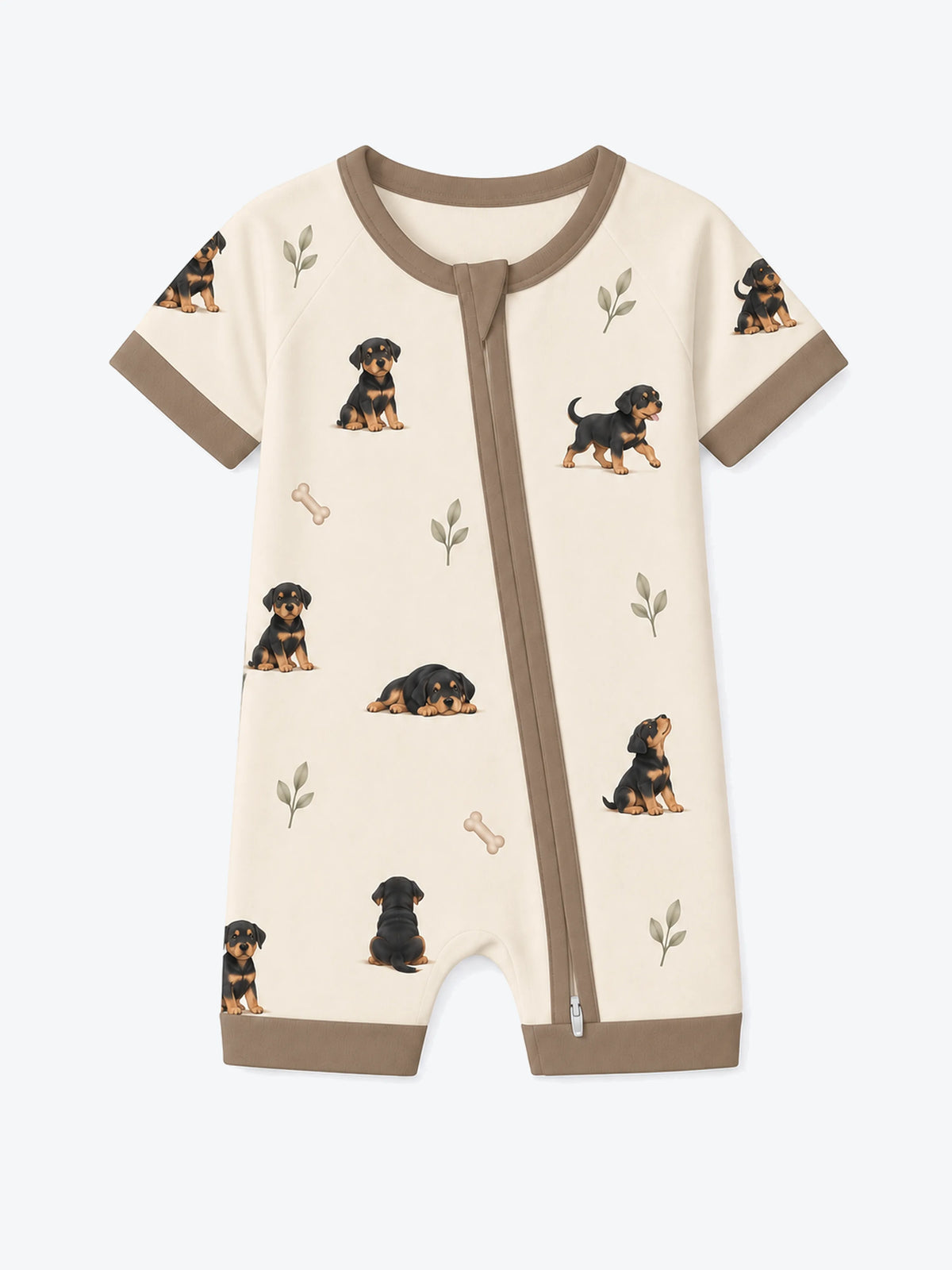 MossiBaby rottie cuddles shorty romper featuring Rottweiler puppies and leafy sprigs on oatmeal