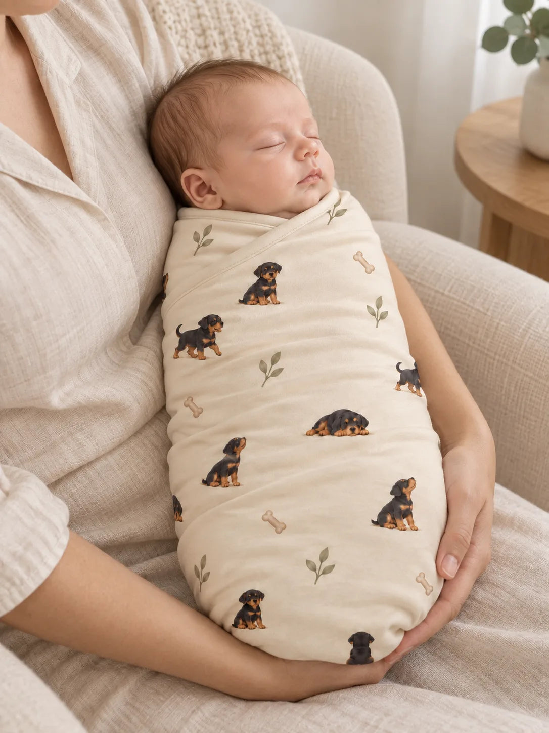 Baby wrapped in the MossiBaby rottie cuddles swaddle blanket in an indoor lifestyle scene