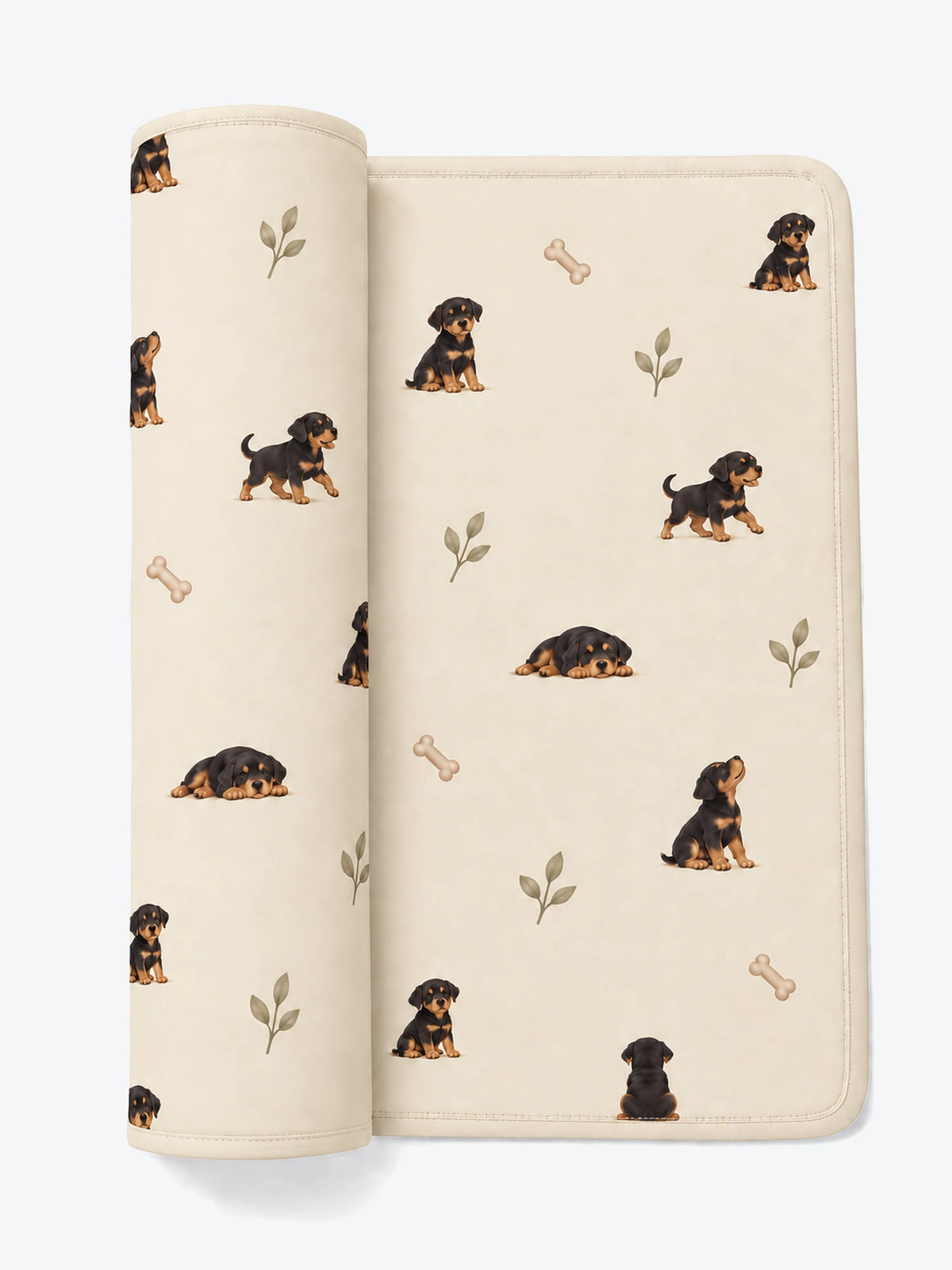 MossiBaby rottie cuddles swaddle blanket featuring Rottweiler puppies and leafy sprigs on oatmeal