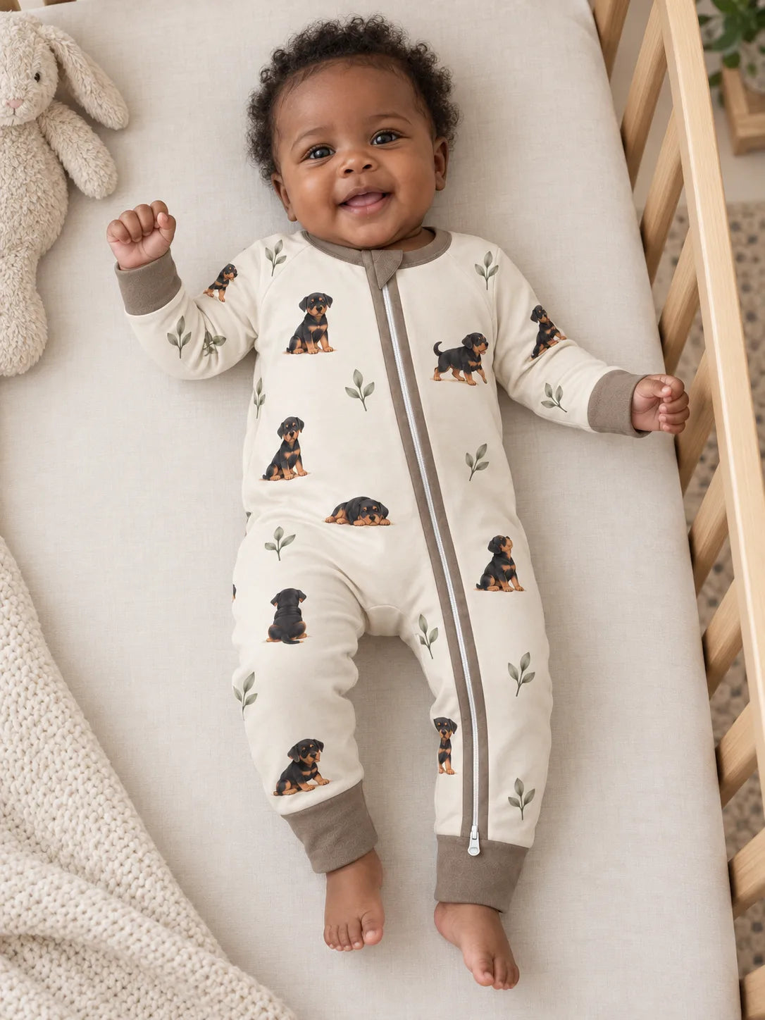 Baby wearing the MossiBaby rottie cuddles zipper romper in an indoor lifestyle scene