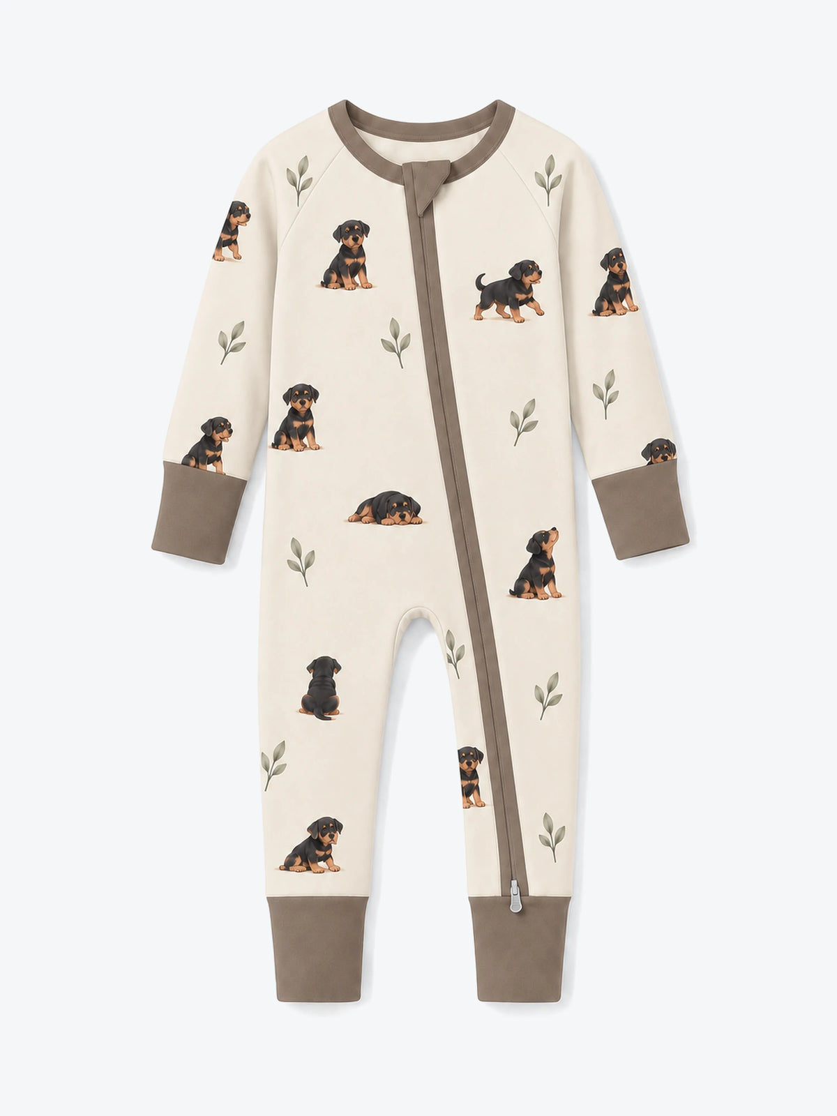 MossiBaby rottie cuddles zipper romper featuring Rottweiler puppies and leafy sprigs on oatmeal