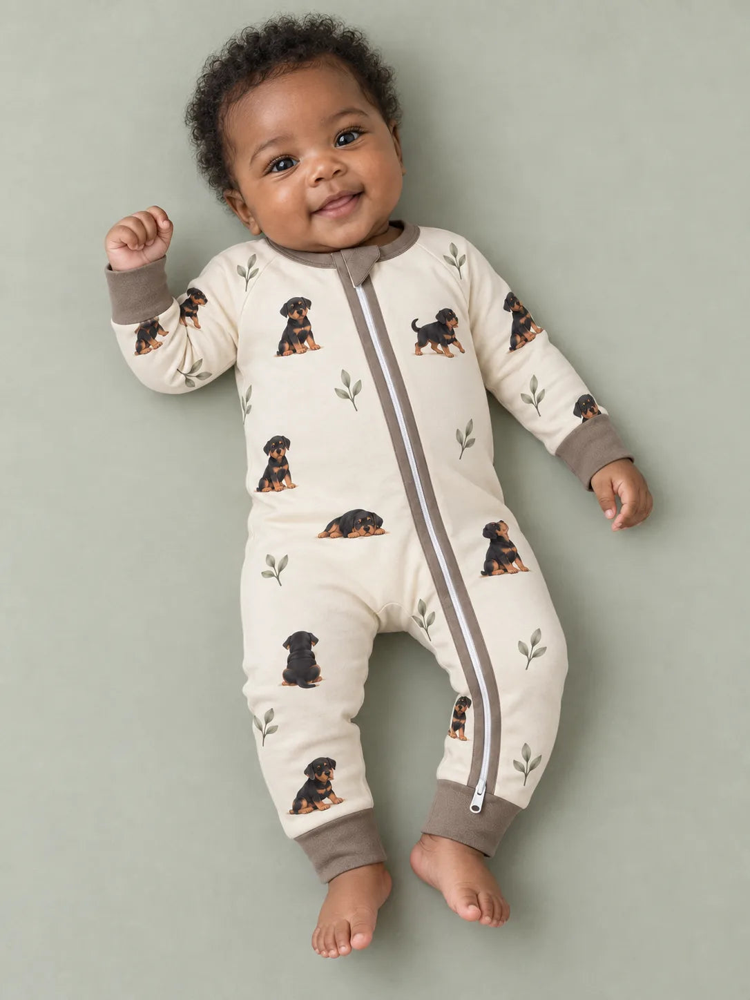 Baby wearing the MossiBaby rottie cuddles zipper romper against a pale studio backdrop