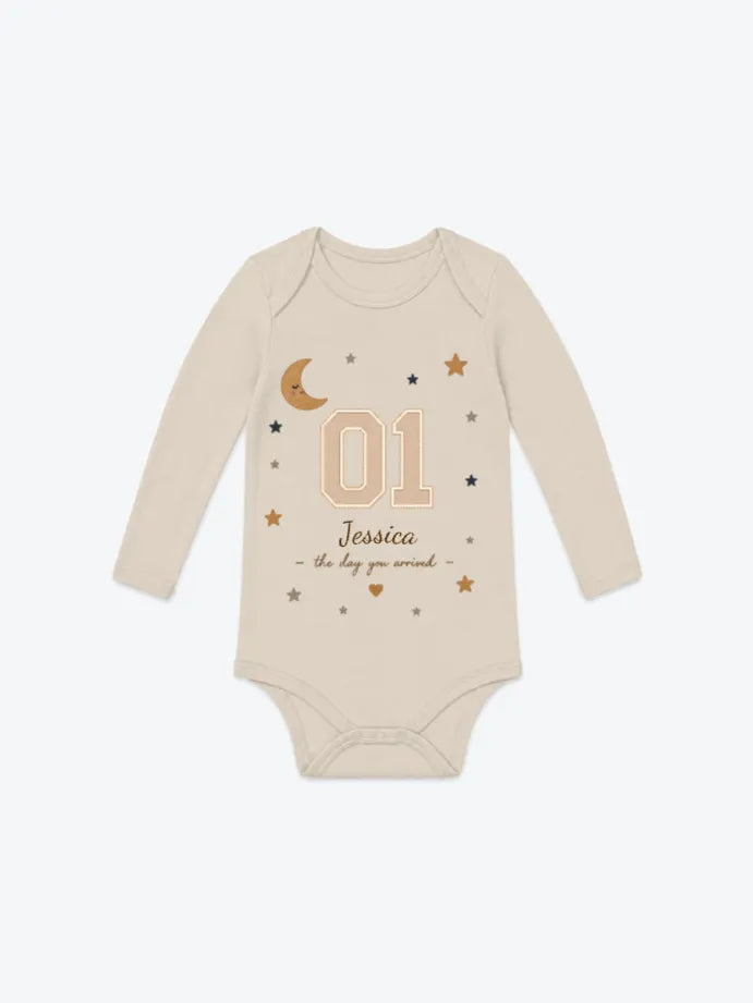 Personalized baby bodysuit with custom name and number design