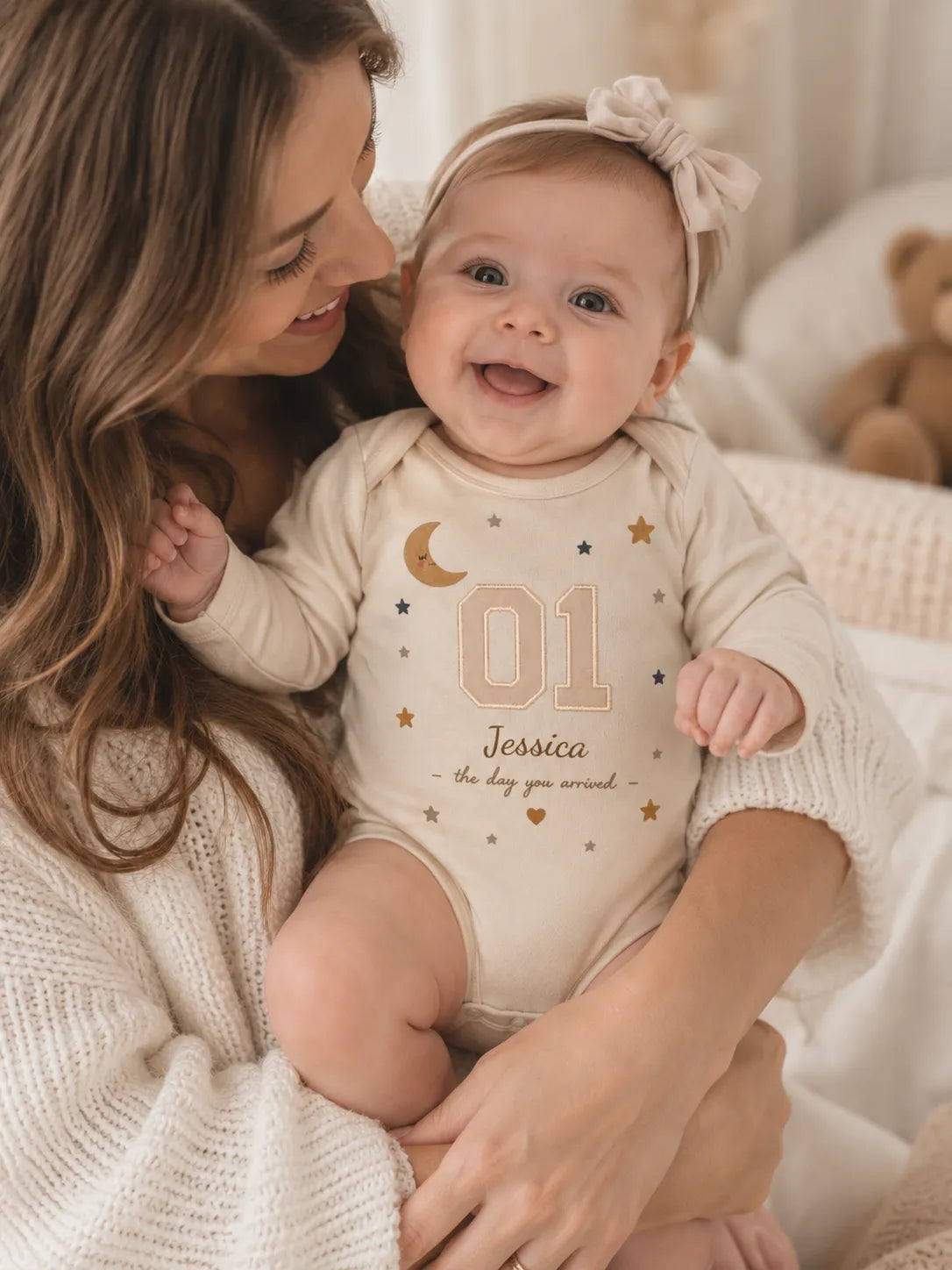 Personalized baby bodysuit with custom name in a baby nursery setting