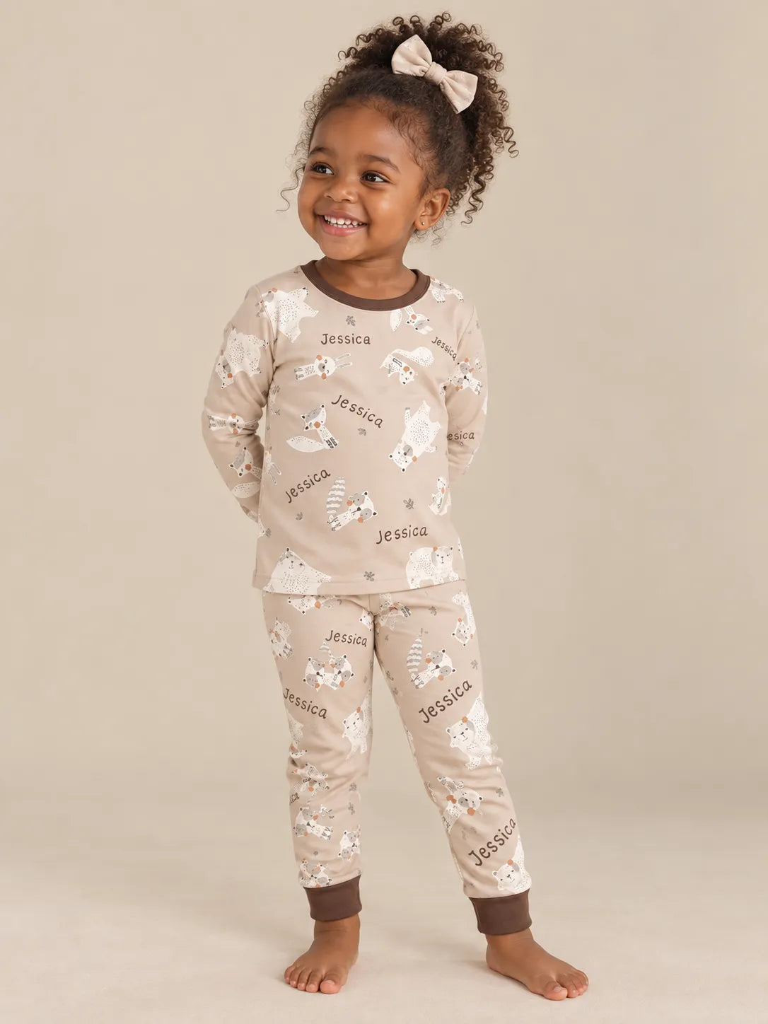 Child wearing personalized Meadow long sleeve pajama set