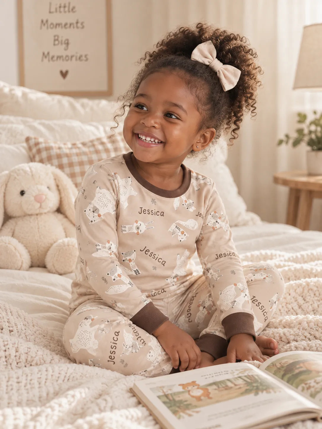 Child wearing personalized Meadow pajamas in a cozy bedroom