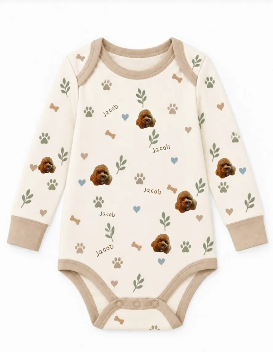 Custom baby bodysuit with personalized pet photo pattern and name