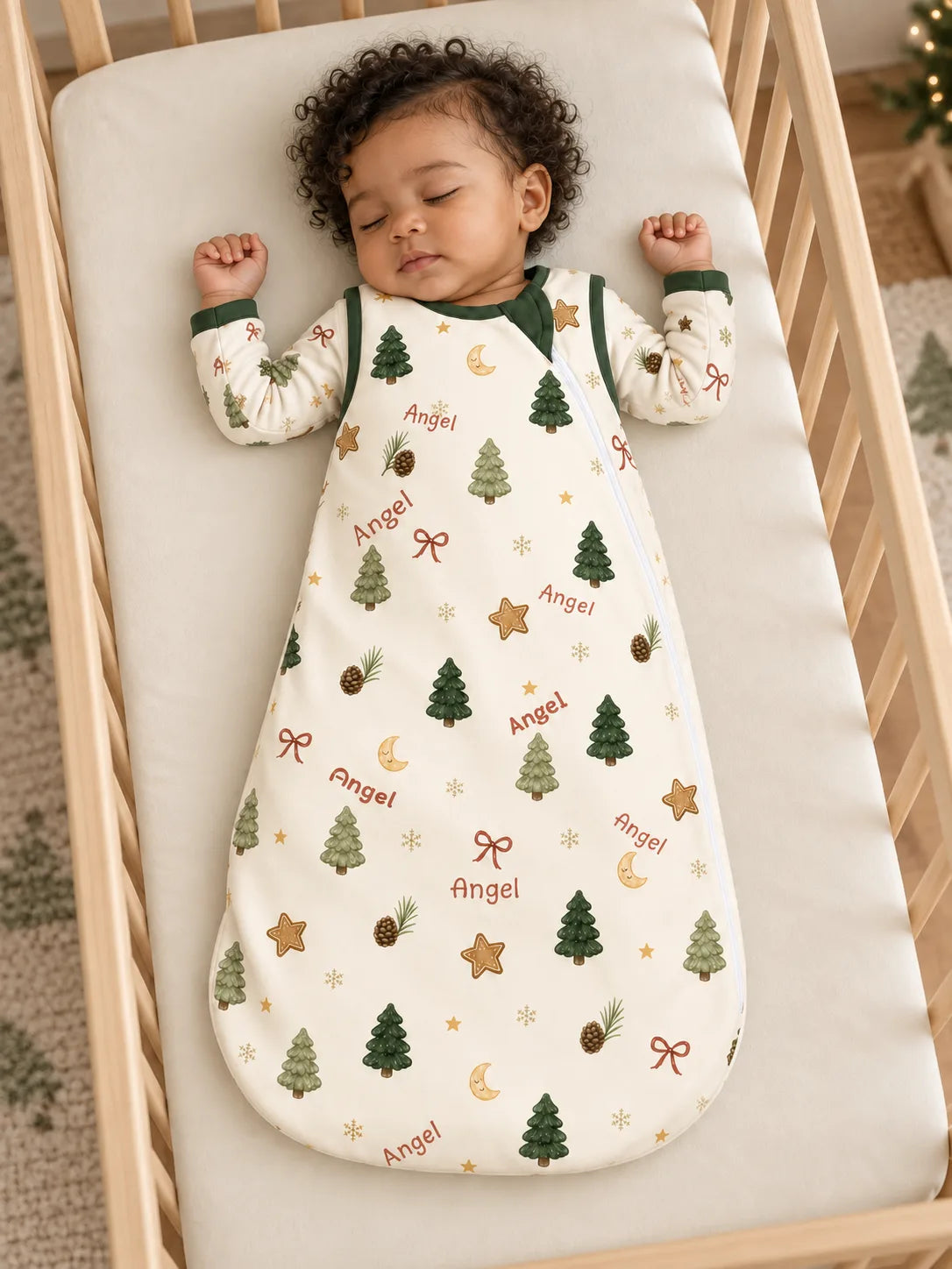Christmas forest bamboo sleep bag detail with custom name