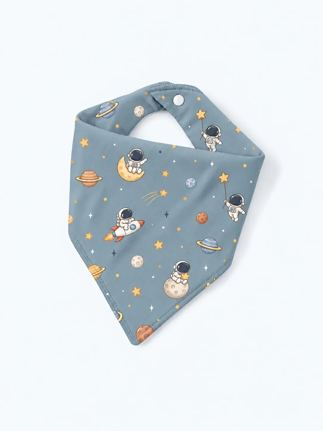 Mossibaby Space Adventures denim blue bamboo bandana bib with playful astronaut print