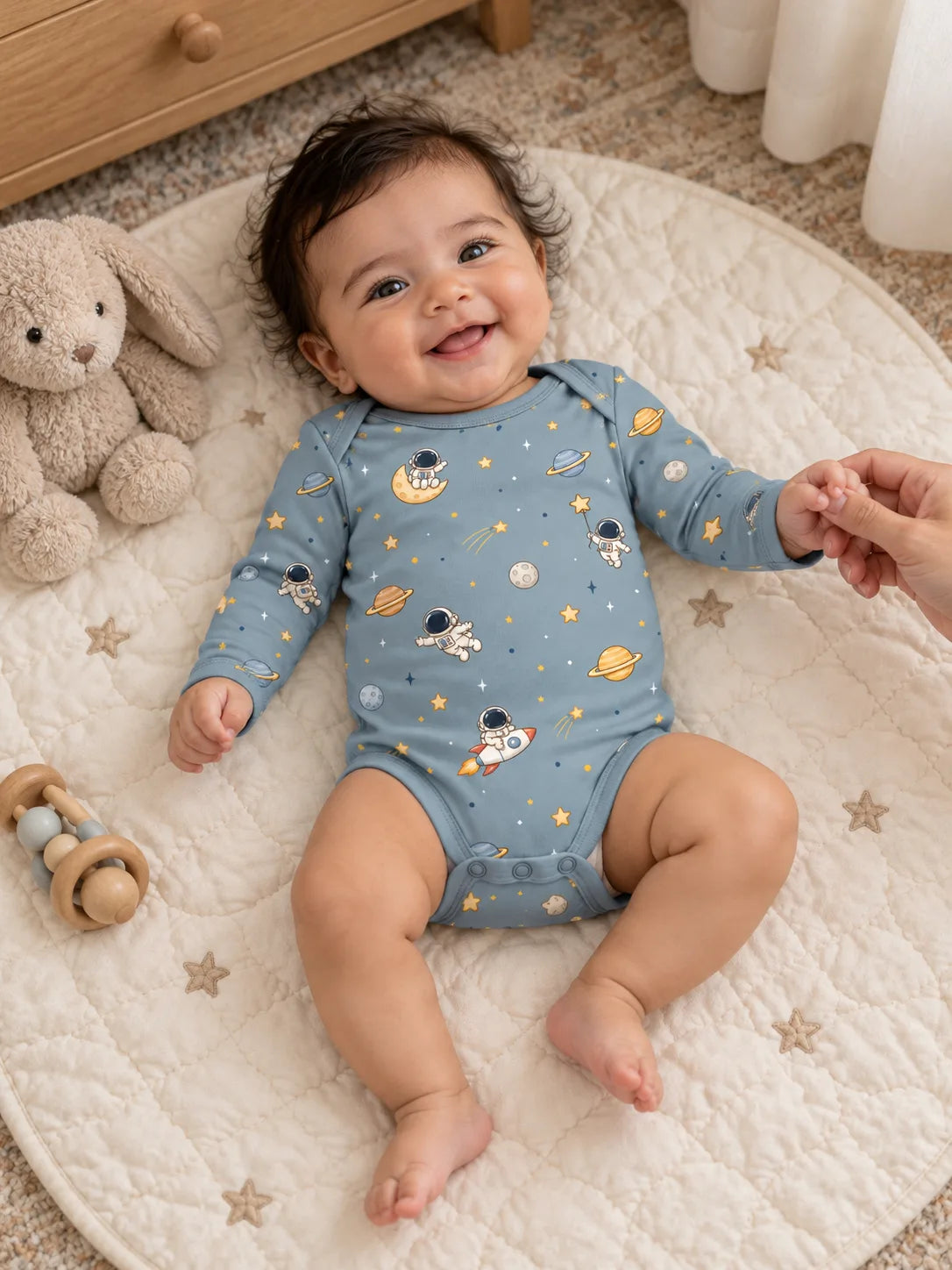 Baby enjoying playtime at home in a denim blue Space Adventures bamboo bodysuit