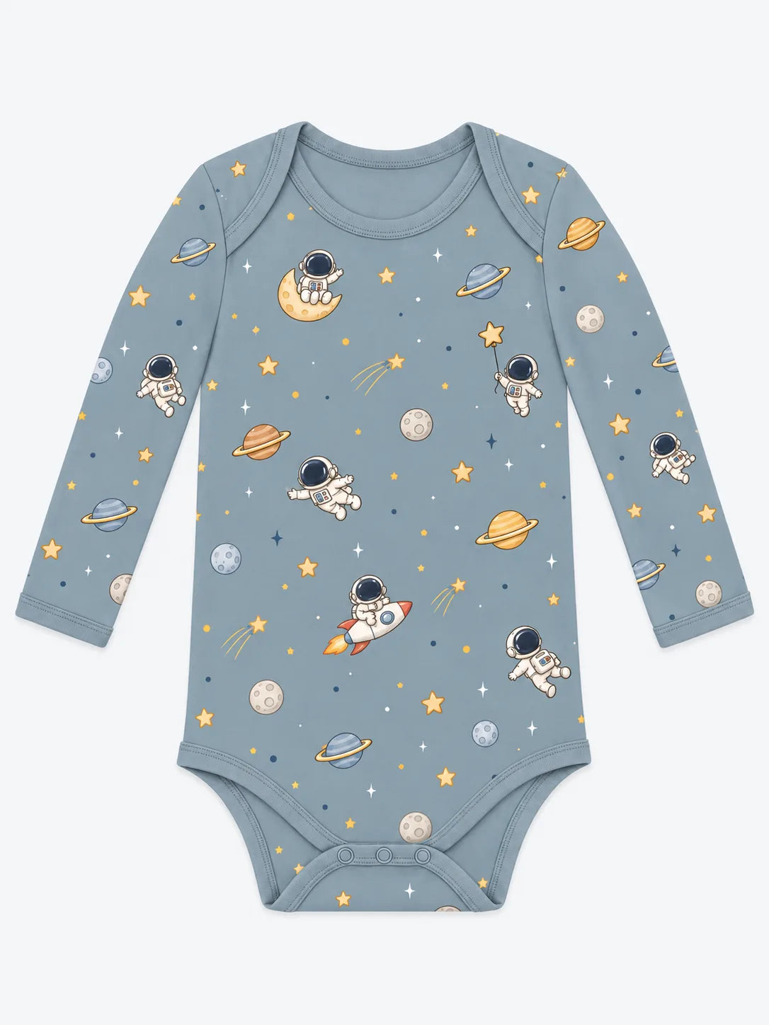 Mossibaby Space Adventures denim blue bamboo viscose long sleeve baby bodysuit with astronaut and rocket print