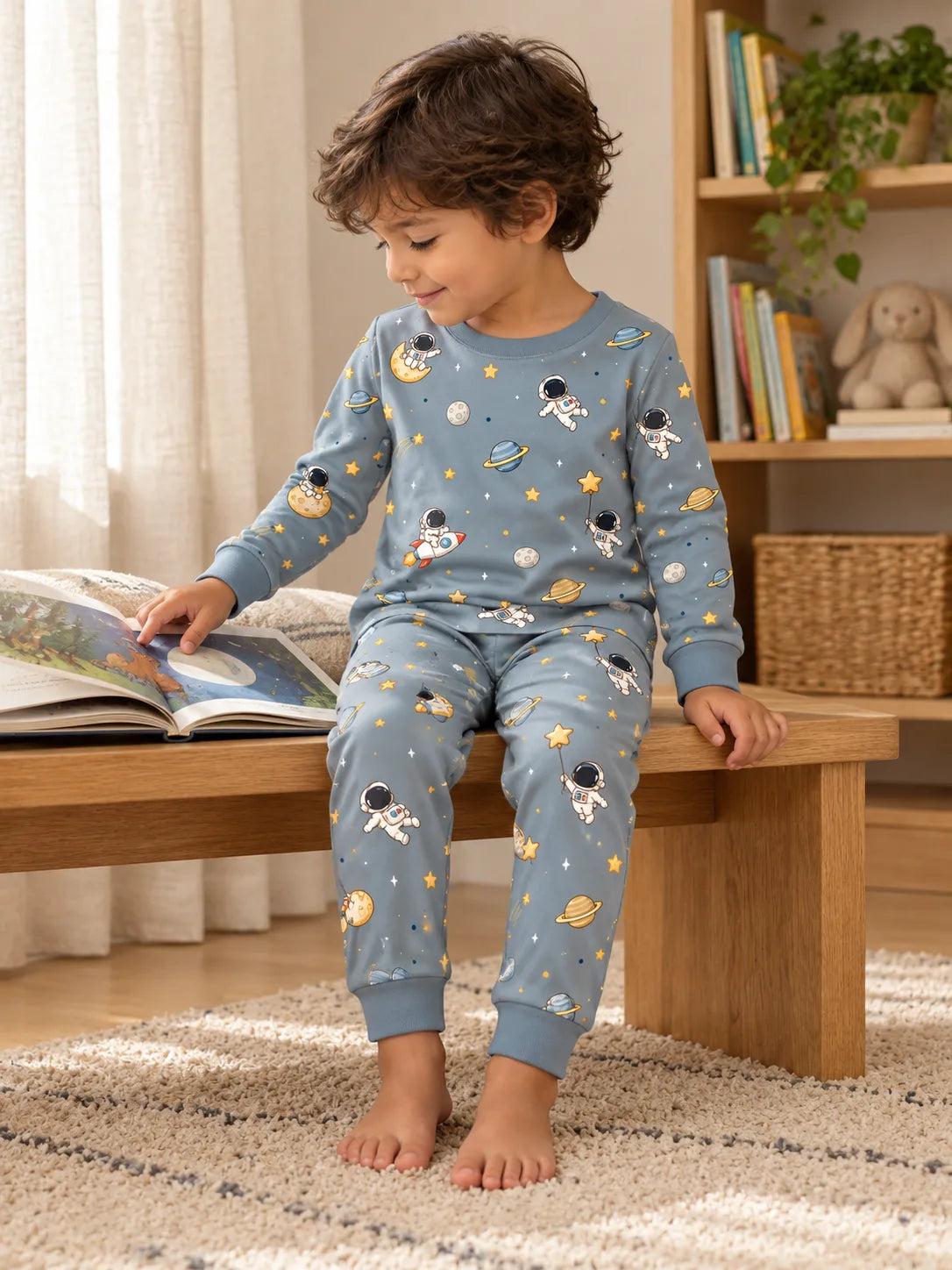 Toddler enjoying a cozy evening at home in Space Adventures bamboo pajamas