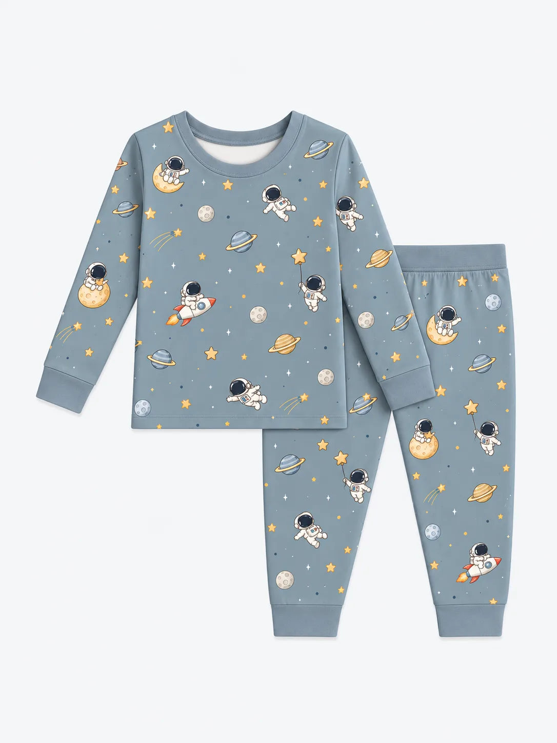 Mossibaby Space Adventures bamboo viscose long sleeve pajama set with astronaut and rocket print
