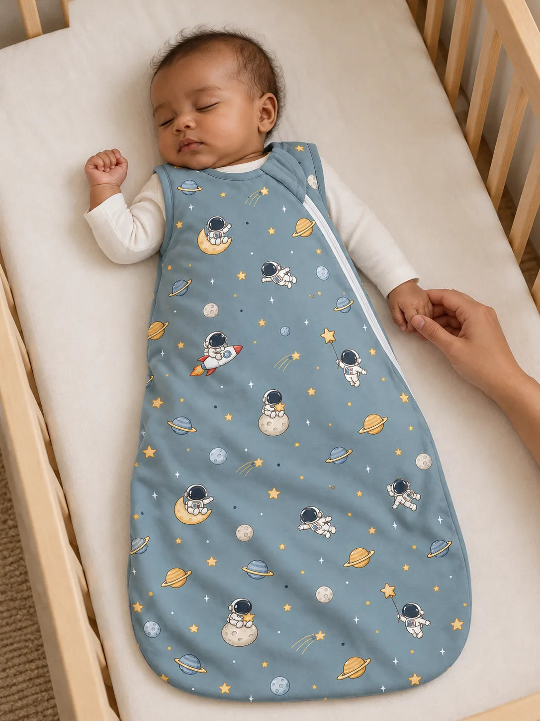 Baby resting in a cozy nursery wearing Space Adventures bamboo sleep sack