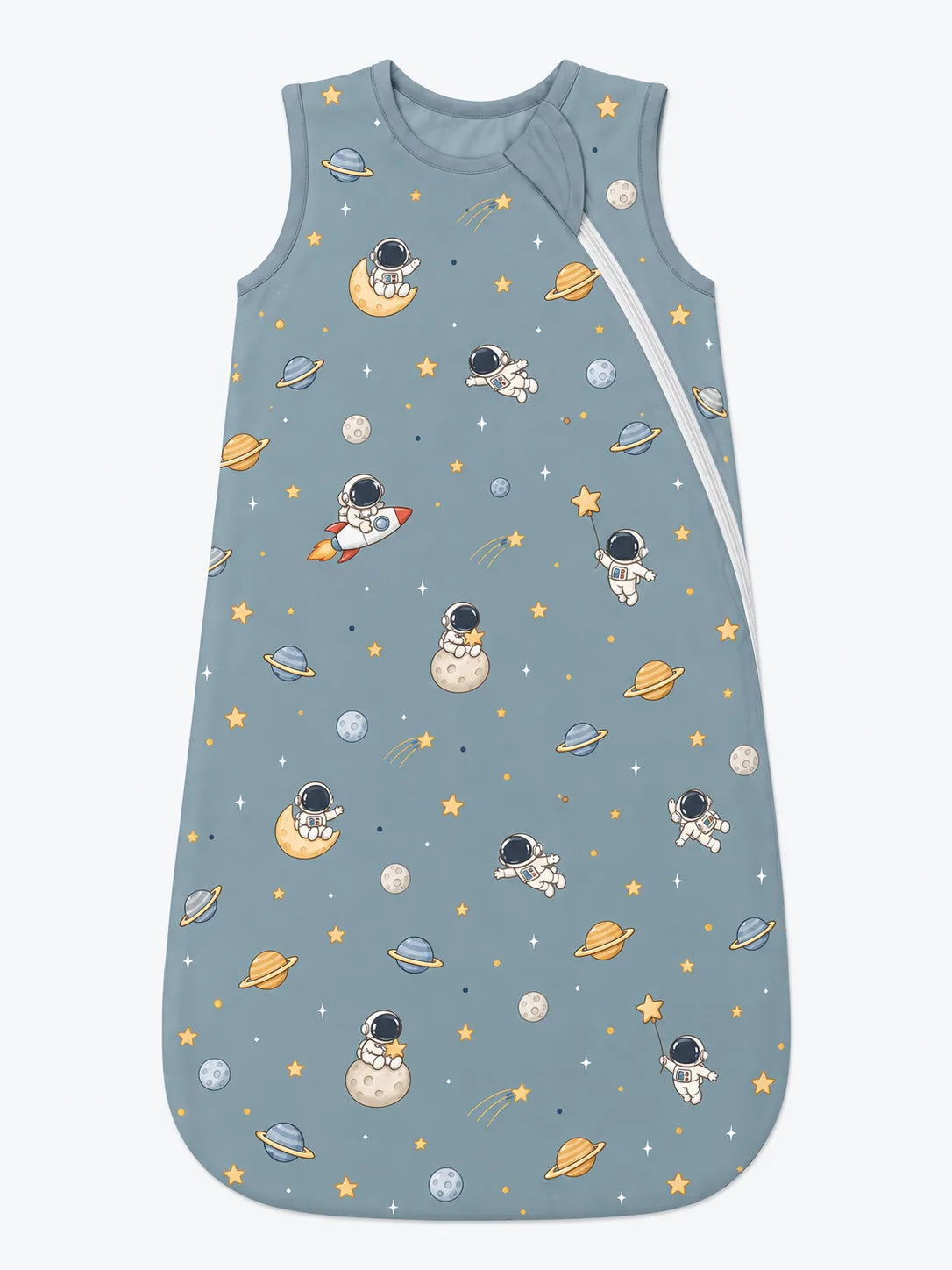Mossibaby Space Adventures bamboo viscose baby sleep sack with astronaut and rocket print