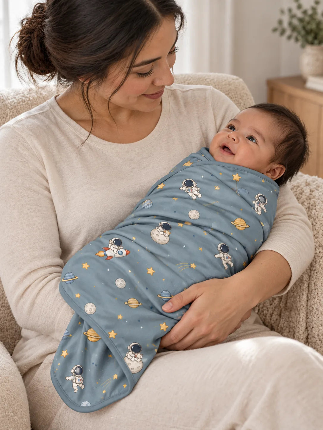 Denim blue Space Adventures bamboo baby blanket displayed in a cozy nursery
