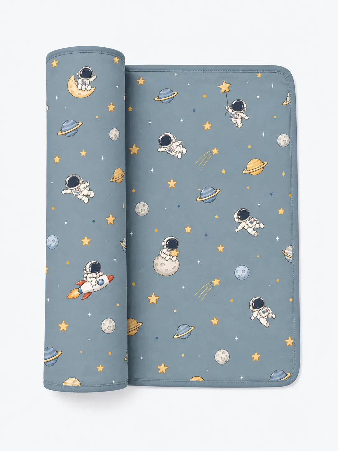 Mossibaby Space Adventures denim blue bamboo viscose baby blanket featuring playful astronaut and rocket print