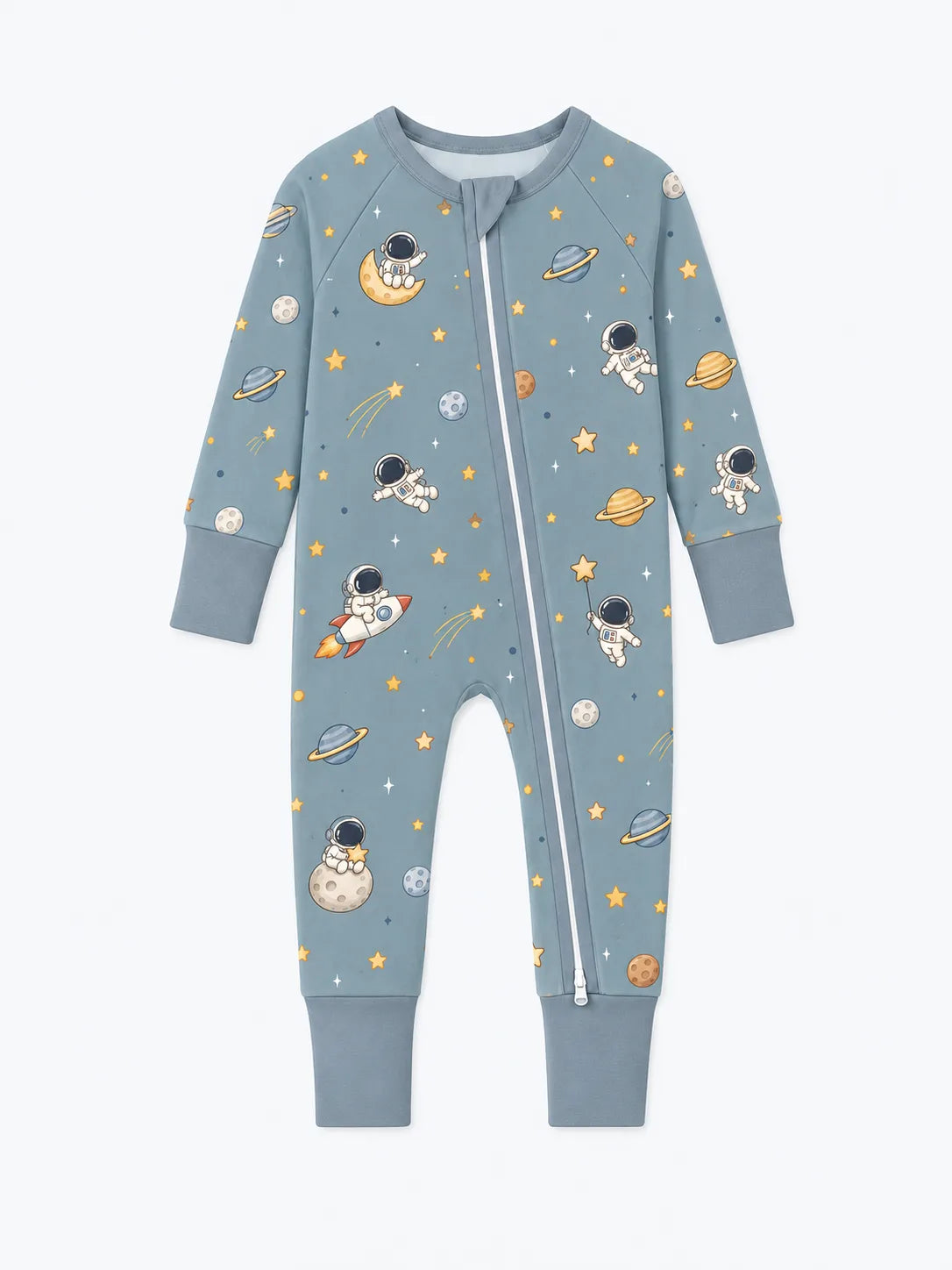 Mossibaby Space Adventures bamboo viscose zipper romper with playful astronaut and rocket print