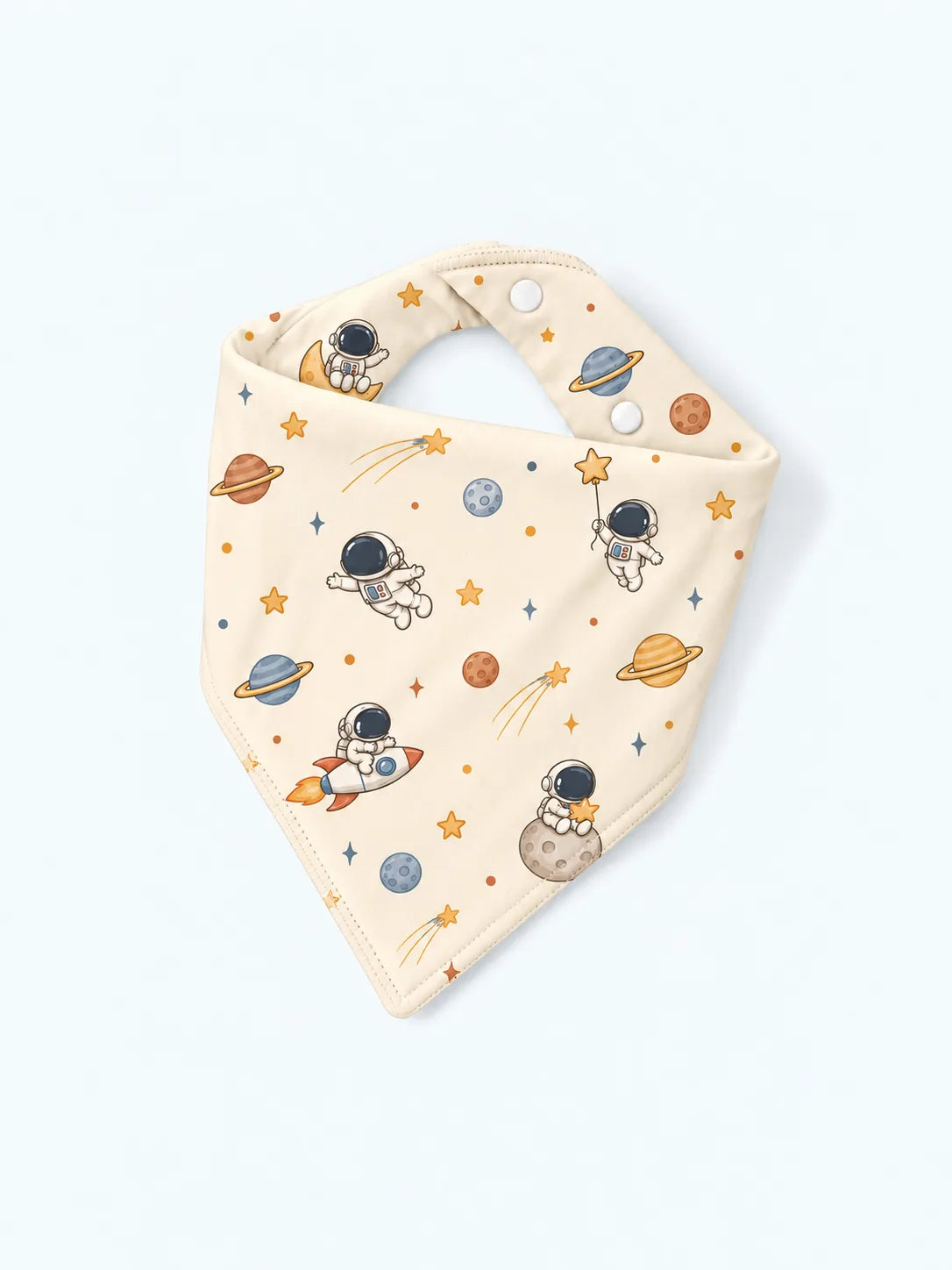 Mossibaby Space Adventures ivory bamboo bandana bib with playful astronaut print