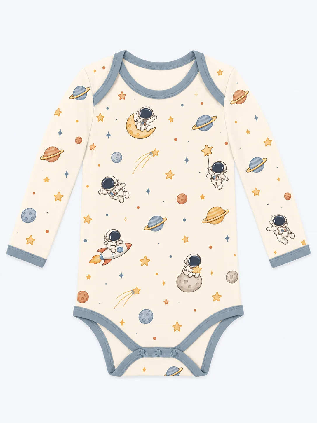 Mossibaby Space Adventures ivory bamboo viscose long sleeve baby bodysuit with astronaut and rocket print
