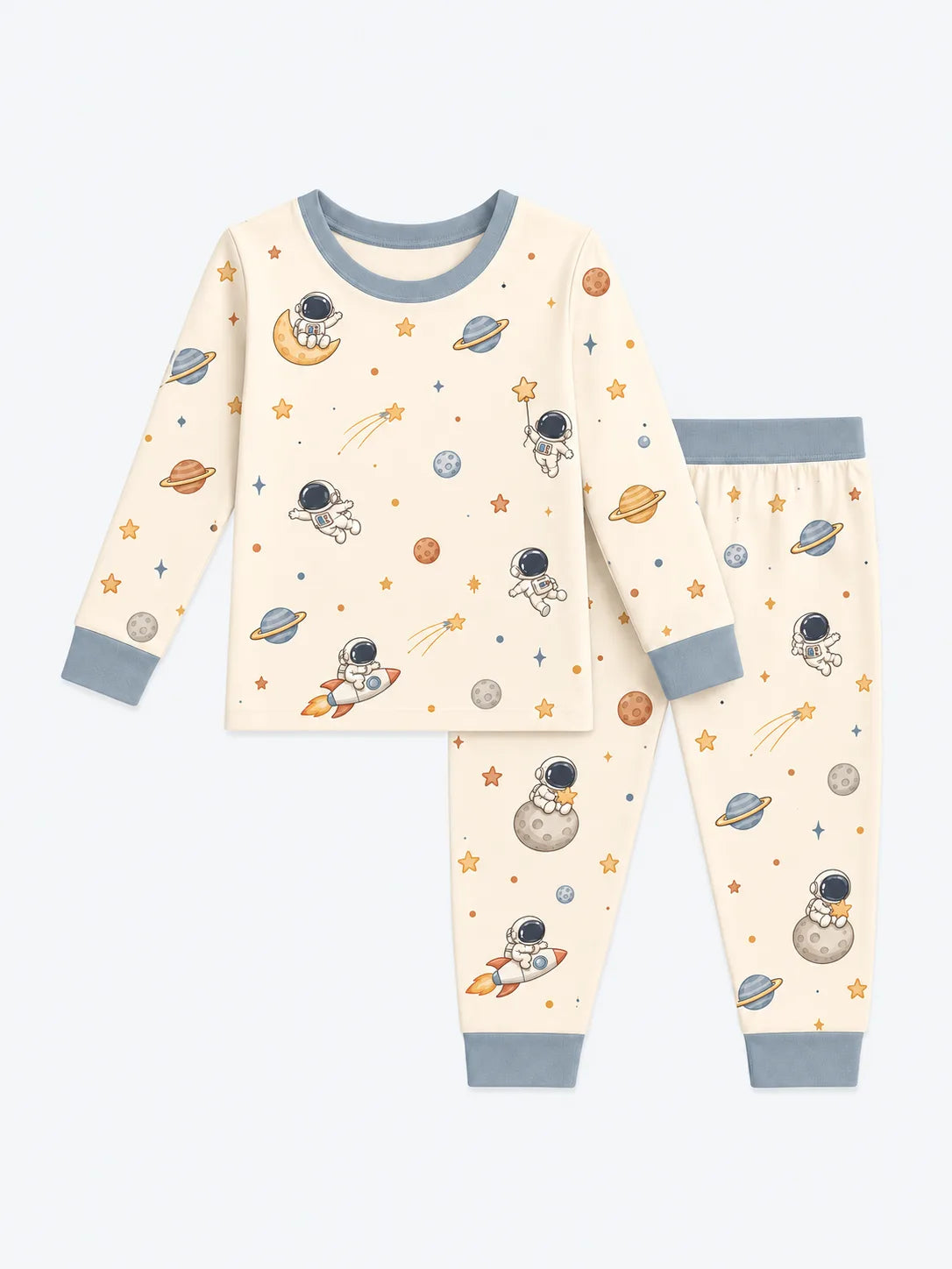 Space Adventures Bamboo Viscose Long Sleeve Pajama Set shown flat with astronauts, Saturn and rockets