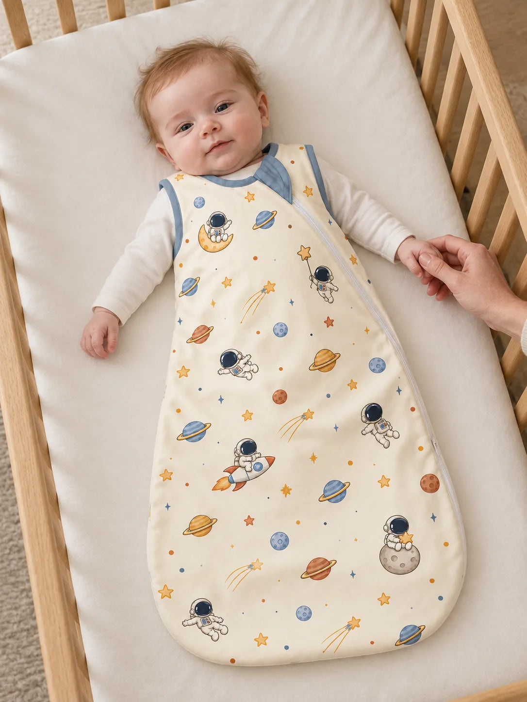 Parent holding an awake baby wearing the Space Adventures bamboo viscose sleep bag in a softly lit nursery