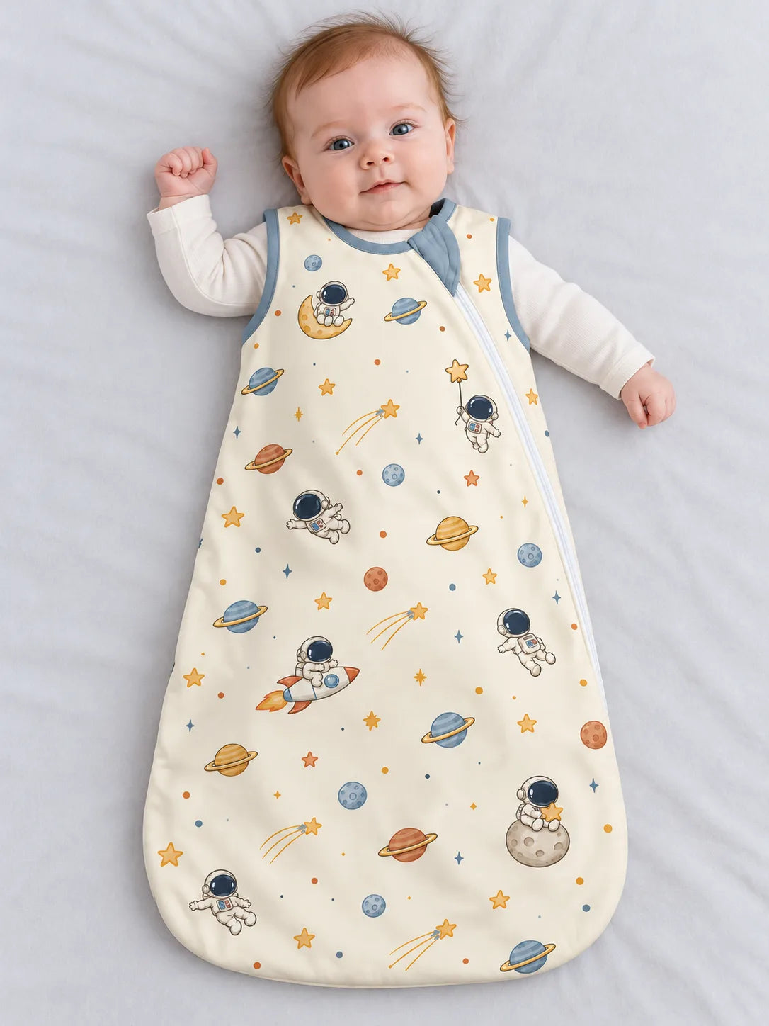 Awake baby wearing the Space Adventures bamboo viscose sleep bag, showing the space print