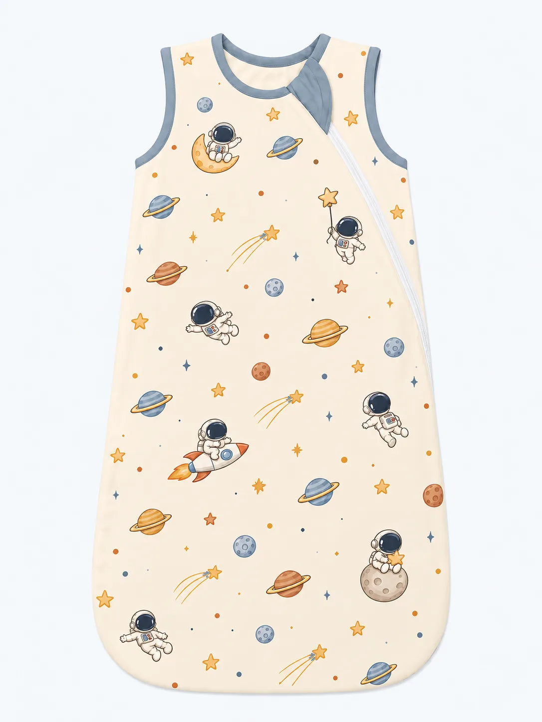 Space Adventures Bamboo Viscose Sleep Bag shown flat with astronauts, Saturn and rockets