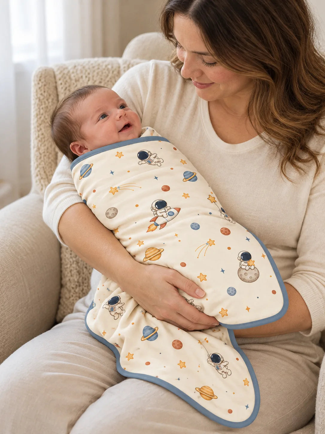 Ivory Space Adventures bamboo baby blanket displayed in a cozy nursery