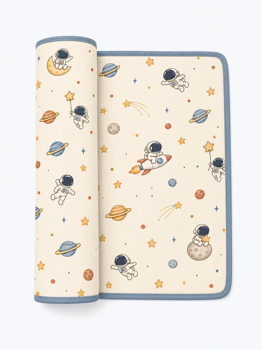 Mossibaby Space Adventures ivory bamboo viscose baby blanket featuring playful astronaut and rocket print