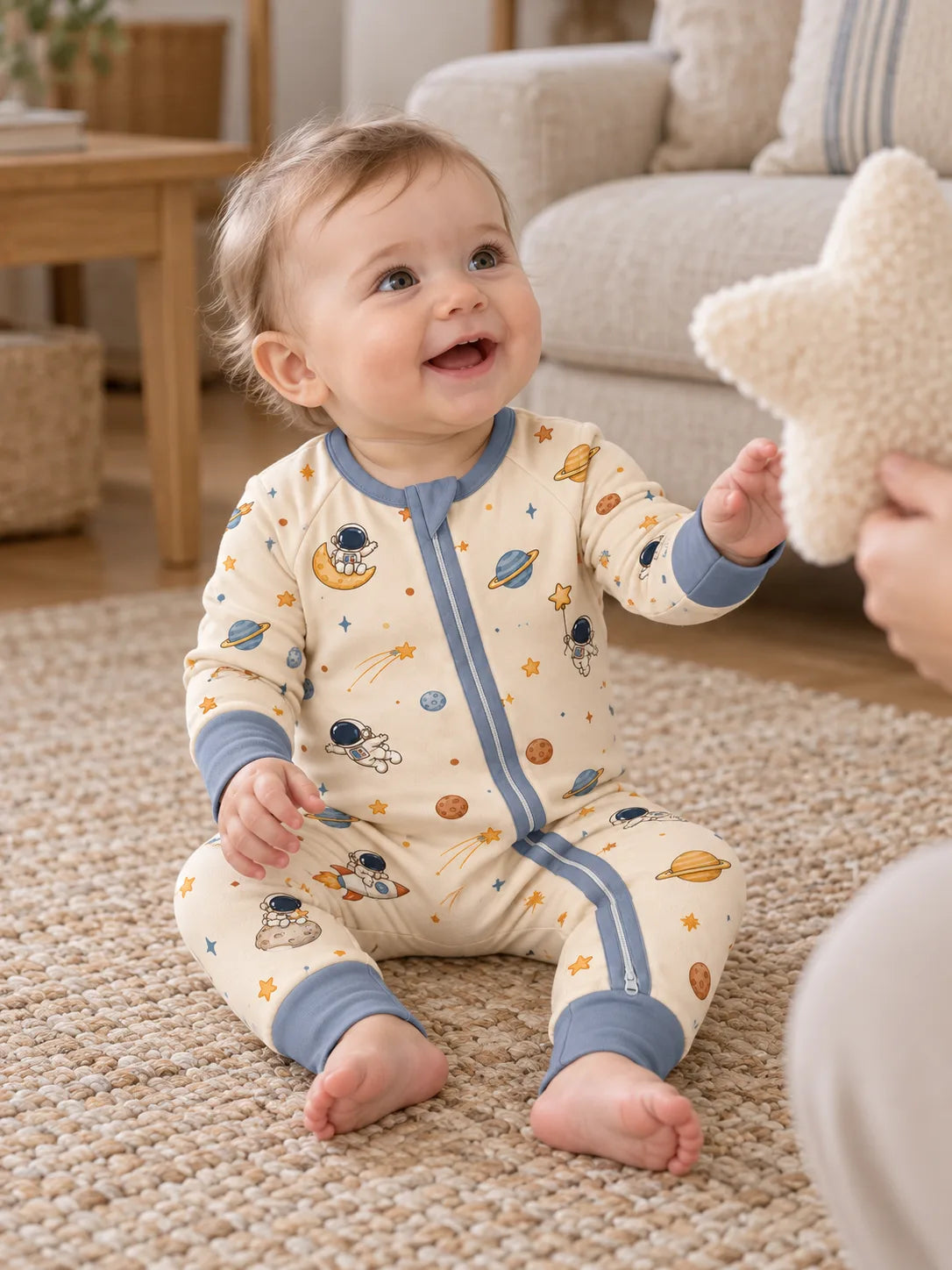 Baby wearing the Space Adventures bamboo viscose zipper romper during supervised play on a nursery play mat