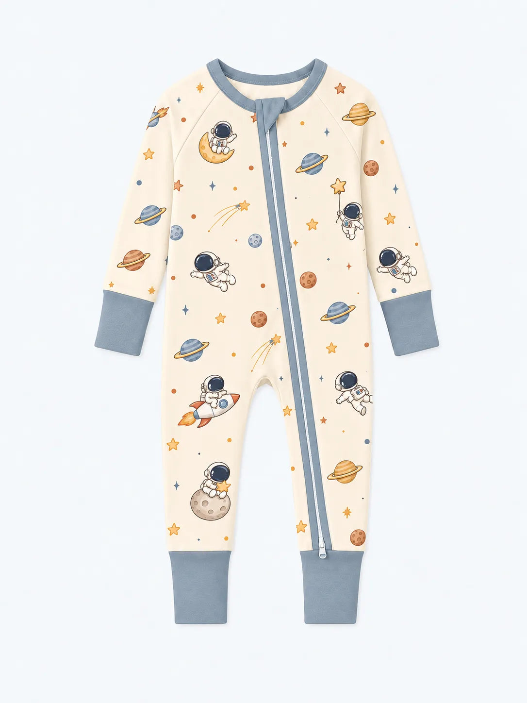 Space Adventures Bamboo Viscose Zipper Romper shown flat with astronauts, Saturn and rockets